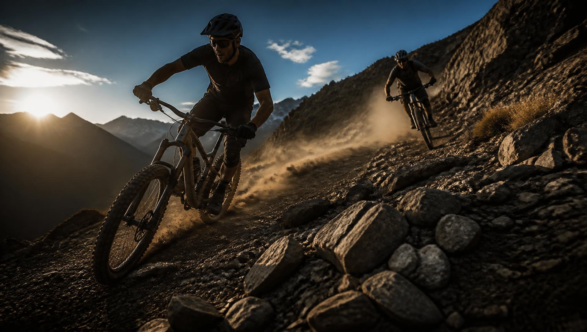 Ciclistas de montaña descendiendo por un sendero rocoso al atardecer